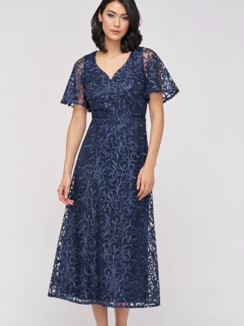 NWT JS Collections Jess Navy Blue Cocktail Tea-Length Dress. Size 14